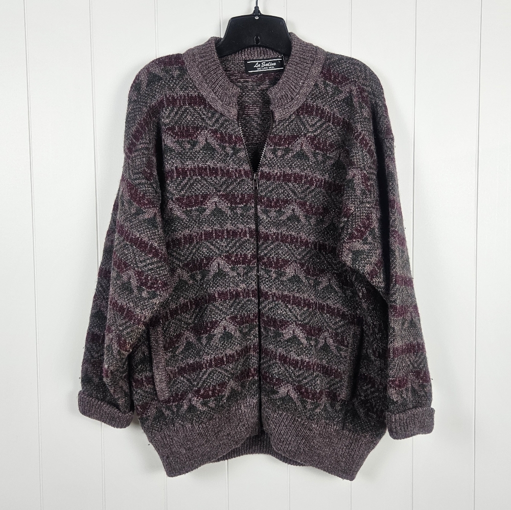 Vintage La Salino Large Shetland Wool Full Zip Cardigan Jacket Purple Green